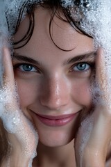 Close-up of a smiling woman with soapy bubbles on her face, highlighting clear skin and bright blue eyes.