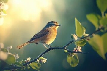 Whinchat bird perched on branch amidst blossoms during golden hour, Whinchat Saxicola rubetra male bird sits on a branch and flies away Songbird
