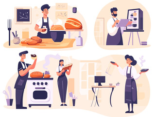 Artisan Bakery: A visual collection depicting the bustling scenes of an artisan bakery, showcasing various aspects of baking and customer service in a cozy, inviting setting. 