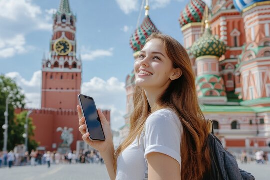 Tourist smiles while taking a picture near iconic Russian architecture on a sunny day, Beautiful tourist with a smartphone on the background of landmarks