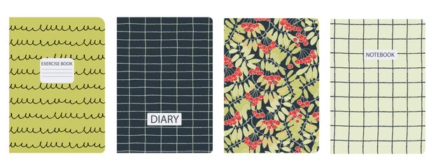 Cover page templates based on patterns with hand drawn rowanberry branches and gridline, toile de jouy style. Backgrounds for notebooks, notepads, diaries. Headers isolated and replaceable