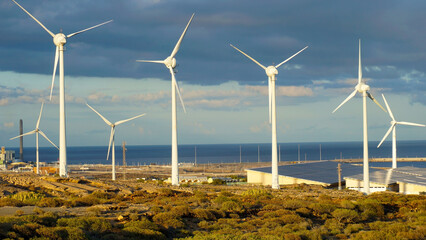Wind turbines generating electricity in Montana Pelada, Tenerife, Canary Islands,Spain.Sustainable renewable green energy concept