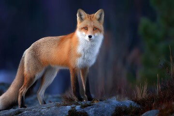 Fototapeta premium Majestic red fox standing on rocky terrain in forest at dusk