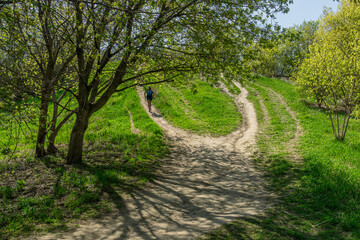 Hiking along an uphill horseshoe pathway through a nature park of Ontario in spring 