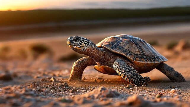 Turtle walking on sand towards the sea under bright sunlight animal and wildlife