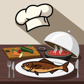 chef hat, fish, food on table clip art preview
