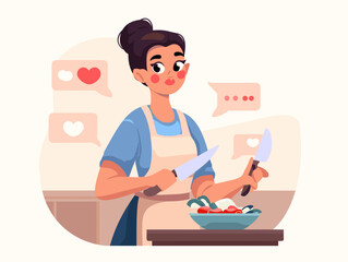 Culinary Creation: A woman in an apron, is meticulously crafting a vibrant salad. With precision and care, she expertly wields a knife in this dynamic illustration.
