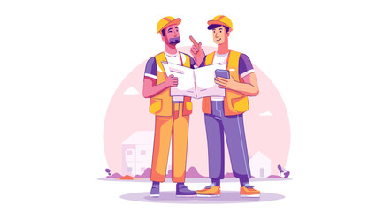 Fototapeta premium Construction Plan Discussion: Two construction worker reviewing blueprint on construction site to improve quality of building