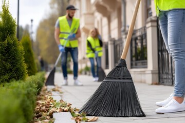 Community cleanup crew sweeping sidewalk on a sunny day