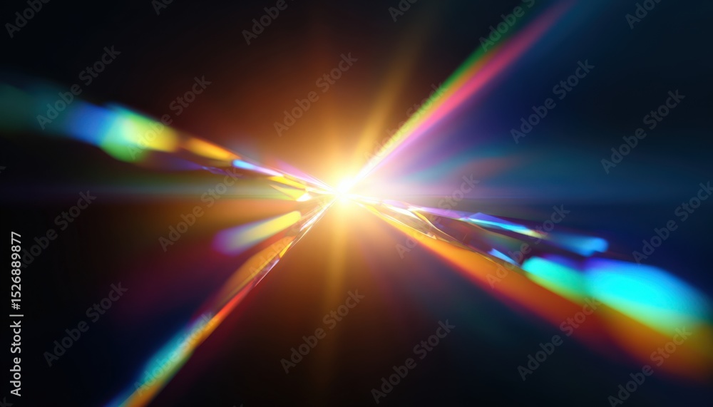 Poster light explodes from a central point with colorful beams. abstract radiance, prism effect, bright ene