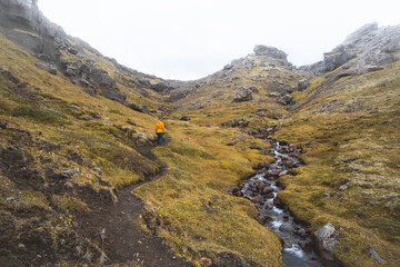 Lone hiker with backpack explores Iceland surreal volcanic highlands, where golden moss meets black lava rock under moody skies&mdash;pure wilderness, untouched and epic
