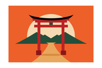 Torii Gate Path Leading to Mountain Shrine Japanese Traditional Design Vector