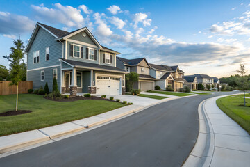 Modern Suburban Neighborhood Street with New Family Houses