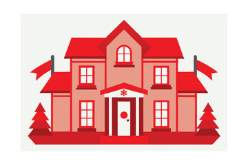 Victorian Home with Red Ribbons and Wreaths Vector Illustration