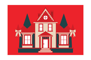 Victorian Home with Red Ribbons and Wreaths Vector Illustration
