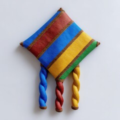 A colorful striped pillow with tassels hangs against a white background. Decoration, ornament, textile, vibrant, design, texture.