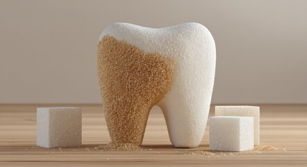 Tooth partially covered with sugar granules rests on a wooden surface alongside sugar cubes. Dental health concept, sugar consumption, unhealthy diet, tooth decay, dentistry.