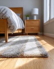 Bedroom interior features rug, bed and nightstand. Home decor, interior design, comfort, luxury, apartment, modern