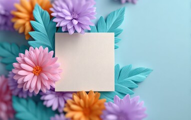 Square card sits amongst colorful flowers and leaves. Floral design, flat lay, invitation template, spring, greeting card, copy space, advertisement
