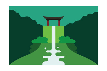 Waterfall Next to Mossy Path in Kyoto Vector Illustration