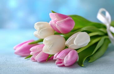 Pink and white tulips rest on a light blue surface. Floral arrangement, fresh flowers, spring bouquet, gift for her, mothers day