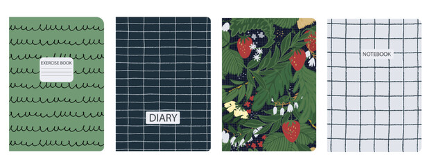 Set of cover page templates with hand drawn flowers, branches, leaves. Based on seamless patterns. Backgrounds for notebooks, notepads, diaries. Headers isolated and replaceable
