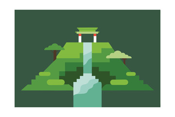 Waterfall Next to Mossy Path in Kyoto Vector Illustration