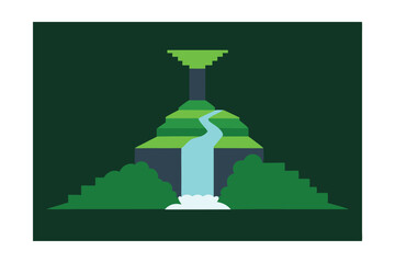 Waterfall Next to Mossy Path in Kyoto Vector Illustration