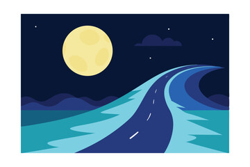 Waves Crashing Beside a Deserted Road on a Full Moon Night 