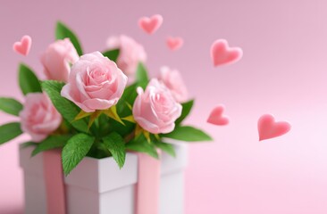 Pink roses in a white box with floating hearts. Valentine's Day, love, romance, gift, floral arrangement