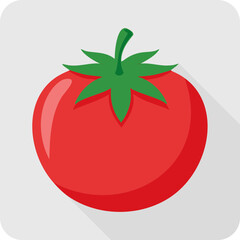 Fresh Red Tomato with Green Stem Flat Design Icon.