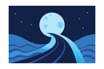 Waves Crashing Beside a Deserted Road on a Full Moon Night 