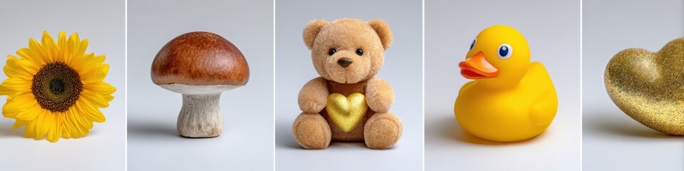 Set of five different objects on a white background. Collection of sunflower, mushroom, teddy bear, rubber duck, and golden heart for design elements.