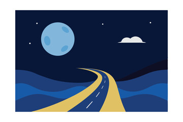 Waves Crashing Beside a Deserted Road on a Full Moon Night 
