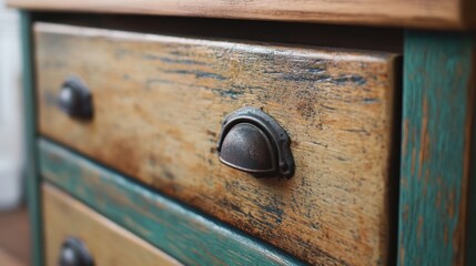 Close-up of rustic wooden drawer with metal handle showing wood grain and turquoise paint