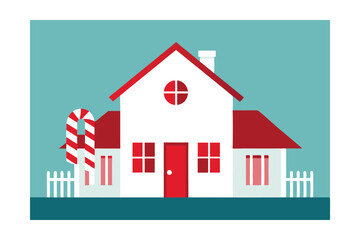 White Farmhouse with Candy Cane Railings Vector Illustration