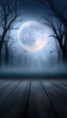 Full moon illuminates spooky forest with wooden floor in foreground. Nighttime scene, Halloween, fantasy, horror