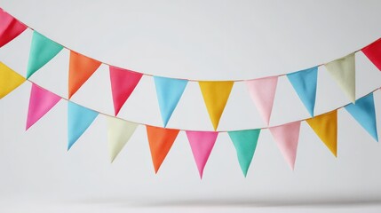 Colorful triangular flags hang from strings. Festive garland, decoration, celebration, party