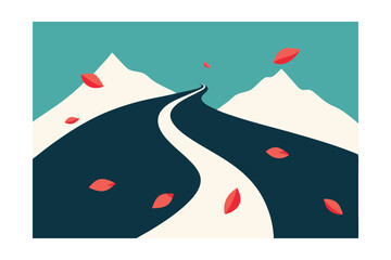 Windy Mountain Road with Scattered Petals Vector Illustration
