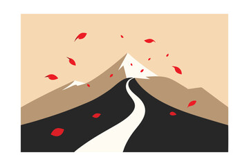 Windy Mountain Road with Scattered Petals Vector Illustration