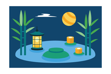 Zen Style Pool Scene with Bamboo and Lanterns Illustration