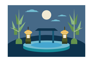 Zen Style Pool Scene with Bamboo and Lanterns Illustration