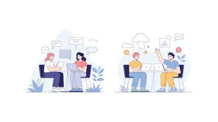Teamwork collaboration flat illustration two groups of people working together on laptops
