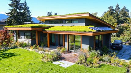 Modern green roofed house with solar panels in suburban setting