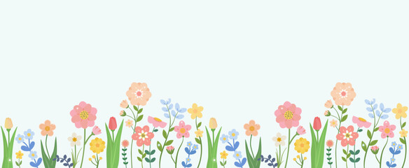 Horizontal seamless border with blooming flowers and dew drops.Vector illustration on white background. For backgrounds, textile, home decor, posters, social media. 