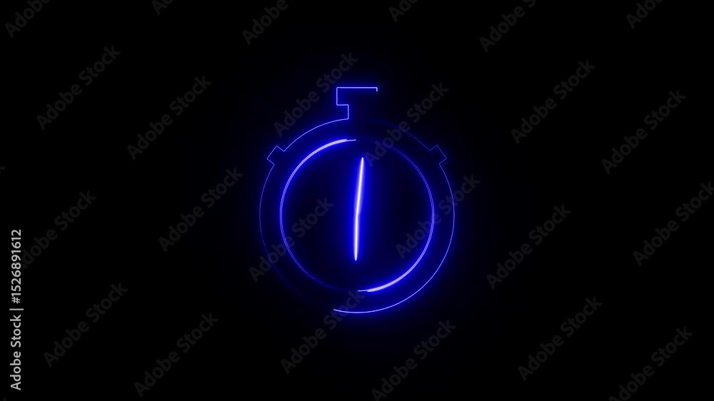 Poster glowing neon clock icon animation with moving arrows and 24 hours day fast speed on black background