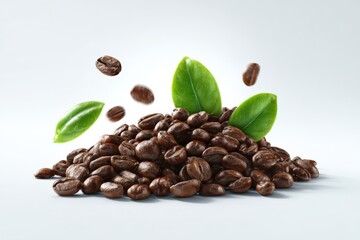 Obraz premium Coffee beans and fresh leaves are arranged in a pile. Aroma, caffeine, freshness, nature, invigorating, agriculture.