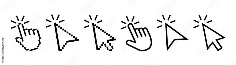 Fototapete pixel cursor or computer mouse pointer icons set. pixel hand, pointer hand, arrow logo vector isolat