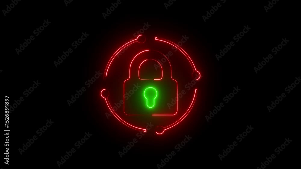 Poster simple security lock icon isolated with tick mark icon , cyber security lock icon animation .neon lo