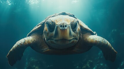 Sea turtle, underwater, facing viewer